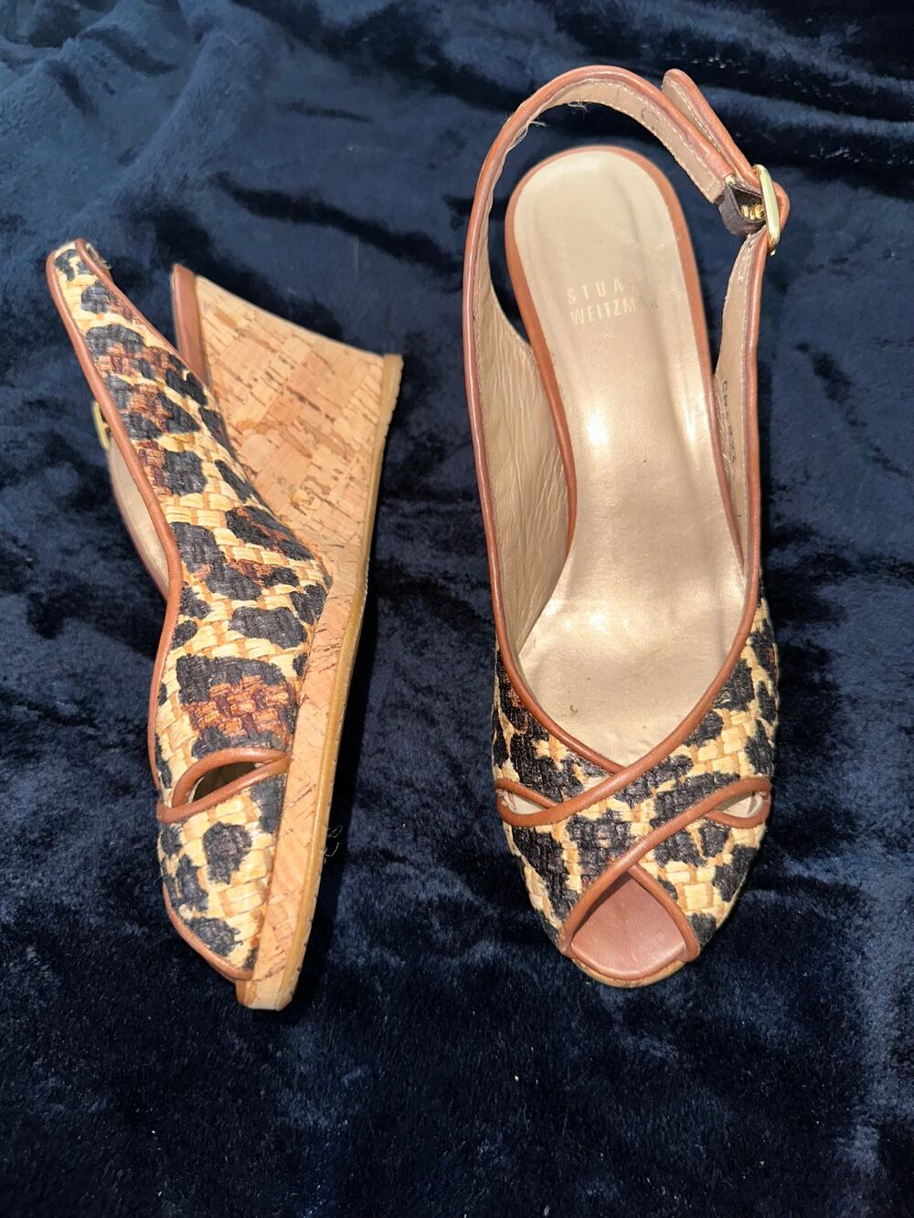 STUART WEITZMAN LEOPARD ANIMAL PRINT RAFFIA WEDGE SANDALS ESPADRILLES